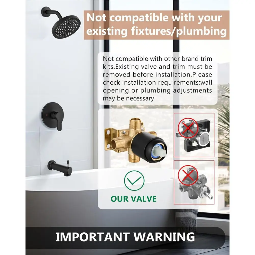 مجموعة صنبور دش حوض استحمام سوداء غير لامعة بمقبض واحد مع 6 رؤوس دش مطري وصنبور حوض استحمام