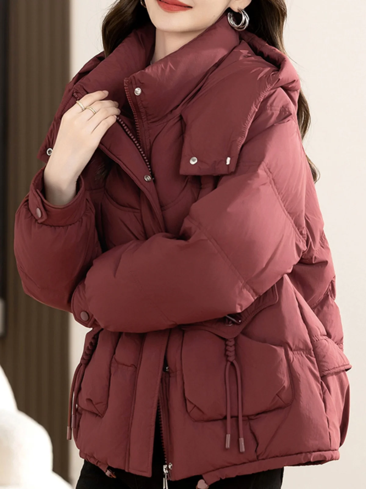

Women's down Cotton Jaet ort Hooded Thiened Winter Coat Warm Outerwear Korean Sle Loose Fit Button Detail Zipper Closure