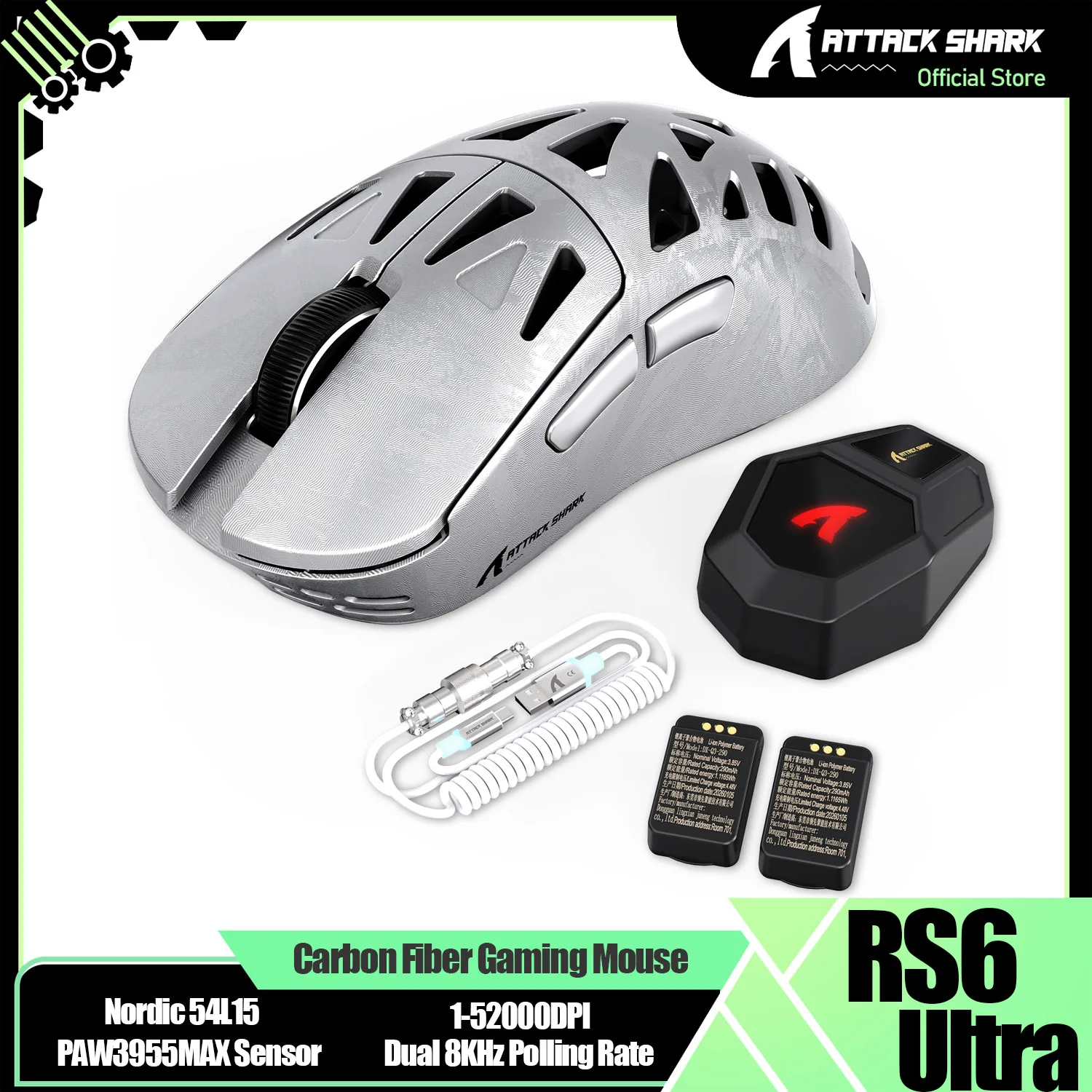 ATTACK SHARK RS6 Ultra 63g Carbon Fiber 8K Wireless Gaming Mouse, PAW3955MAX, Nordic 54L15, 52000 DPI, Tri-Mode, 20000 FPS