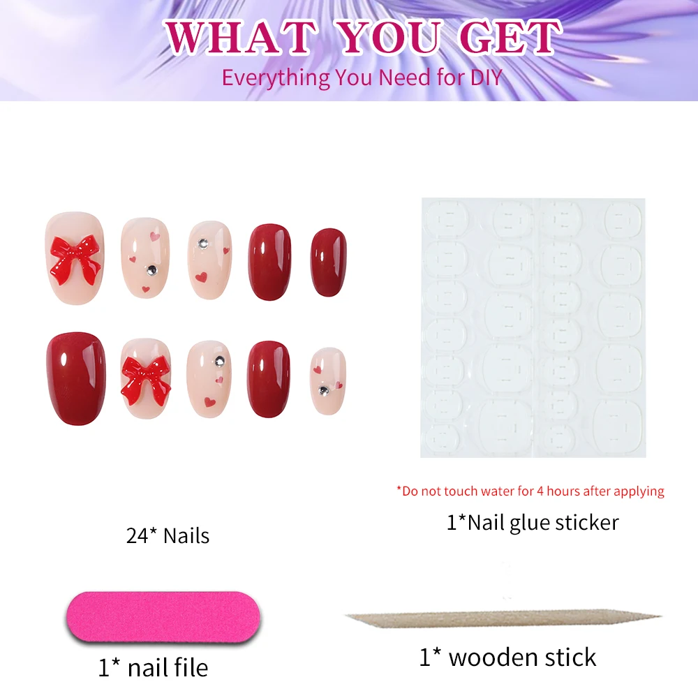 24個入り ショートオーバルボウ ラインストーンデザインチップ付き プレスオンネイル ショートフィット パーフェクトアクリル付け爪セット内容：1個 ジェリーグルー