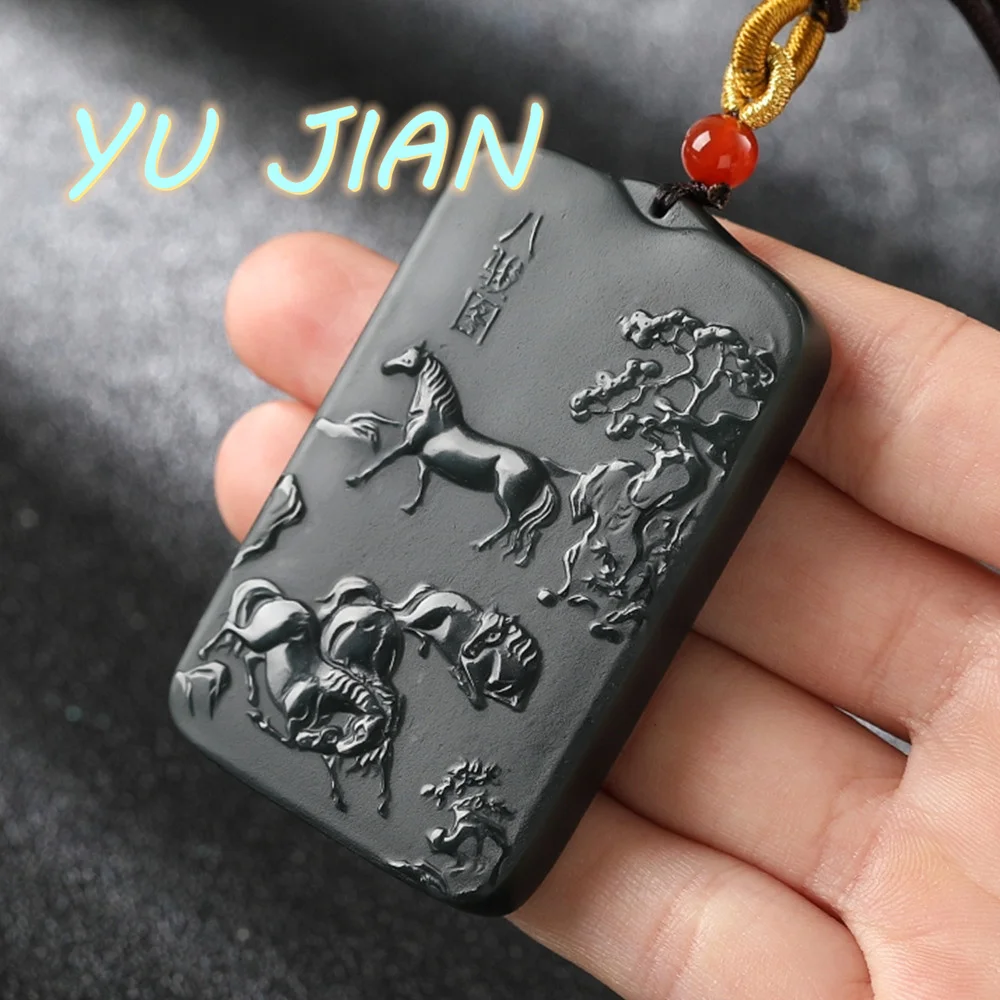 

New Natural Hetian Jade Qing-jade Eight Horses Figure Hand-carved Horse-pendant Fine Necklace Chain High Quality Jewelry