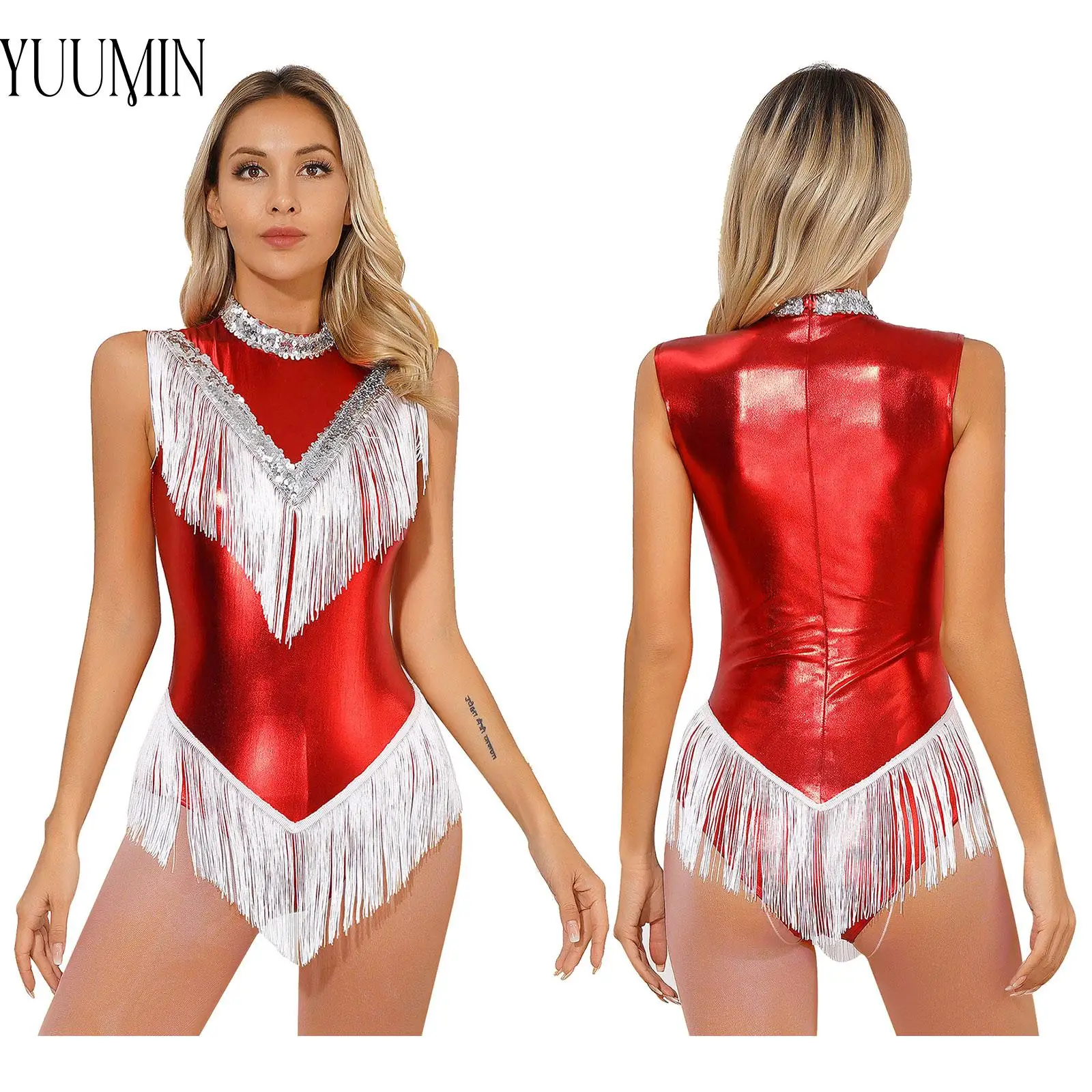 

Women Metallic Sleeveless Fringed Bodysuit Shiny Sequins Mock Neck Tassel Leotard for Latin Dance Performance Dance Party Outfit