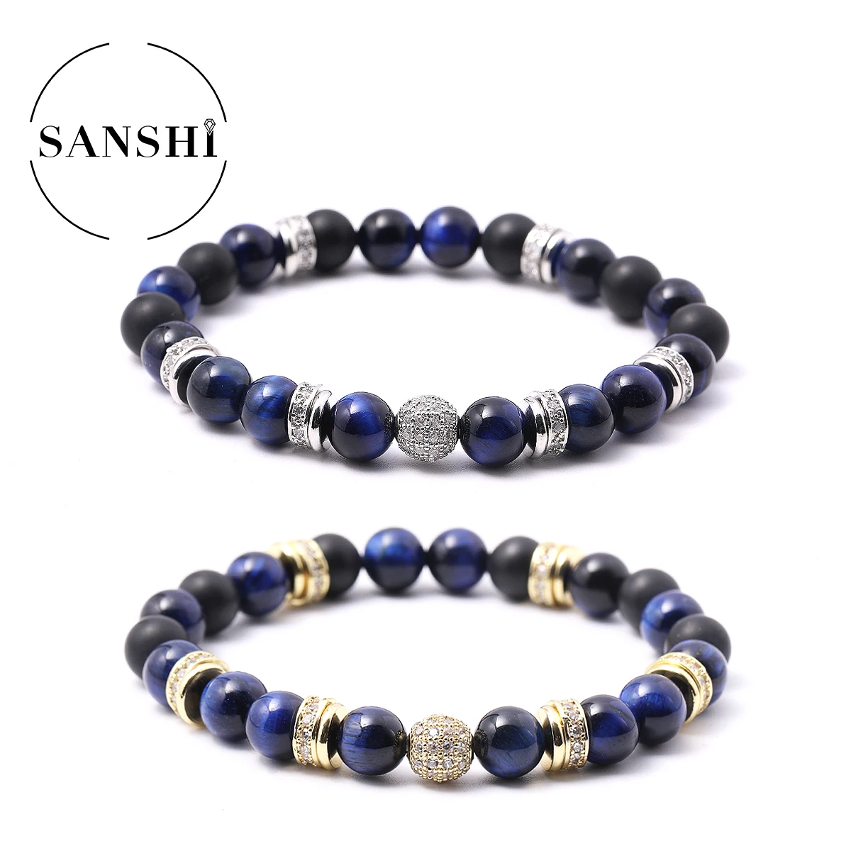 SANSHI A level Blue Tiger Eye Bracelet Alloy Spacers Quartz Lava Tiger Eye Bracelet Made of Natural Stone Jewelry for Women