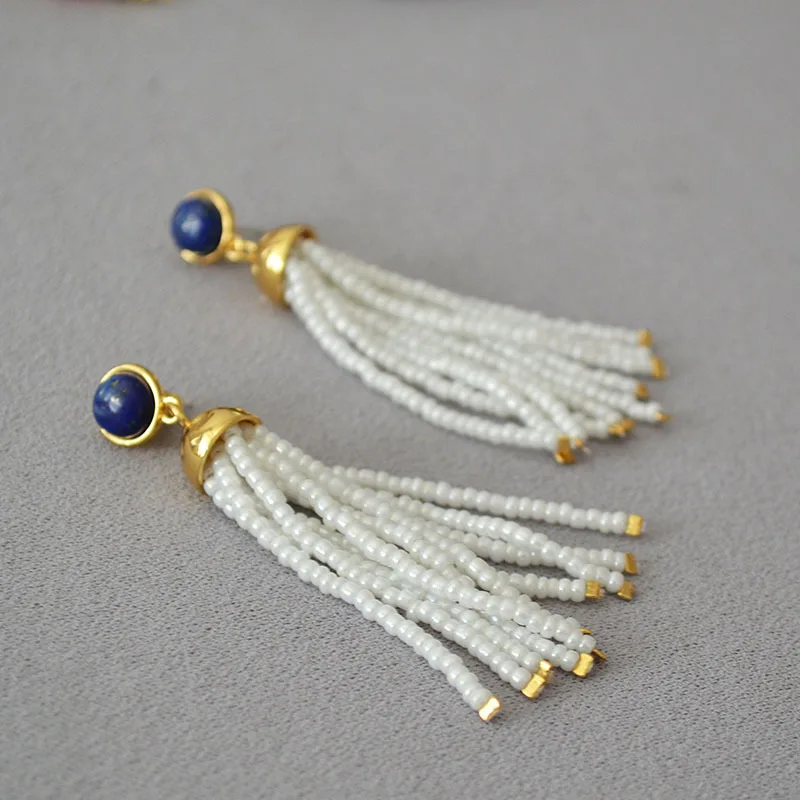 

Classic Retro Russia Style Lapis Lazuli Stone White Rice Beads Tassel Personality Temperament Statement Long Earrings for Women