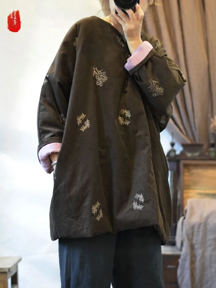 

Original Winter Cotton Padded Jaet Embroidered Vintage Sle Asymmetrical Lapel Thiened Long Sve round Ne Coat