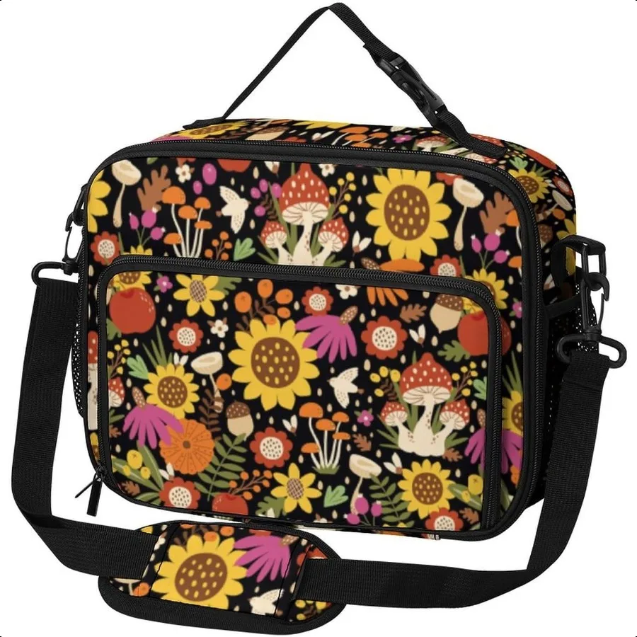 

Lunch Box for Boys GirlsMushroom Flowers Large Capacity Insulated Lunch Meal Bag With Adjustable Shoulder Strap Cooler Tote Bag