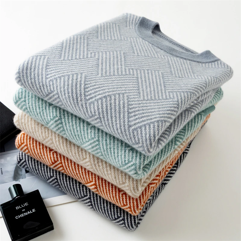 Autumn and winter new thick 100% pure cashmere men's round neck jacquard loose color matching leisure sweater cashmere sweater