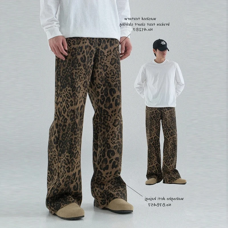

Мужская мода хип-хоп High Street джинсы мужские молодежные популярные повседневные уличные джинсовые брюки леопардовые свободные прямые винтажные брюки