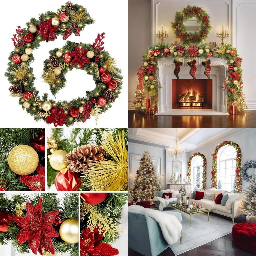 

Battery-Powered 9ft Red & Gold LED Christmas Garland with 50 Lights, Holiday Decor (Batteries Not Included)