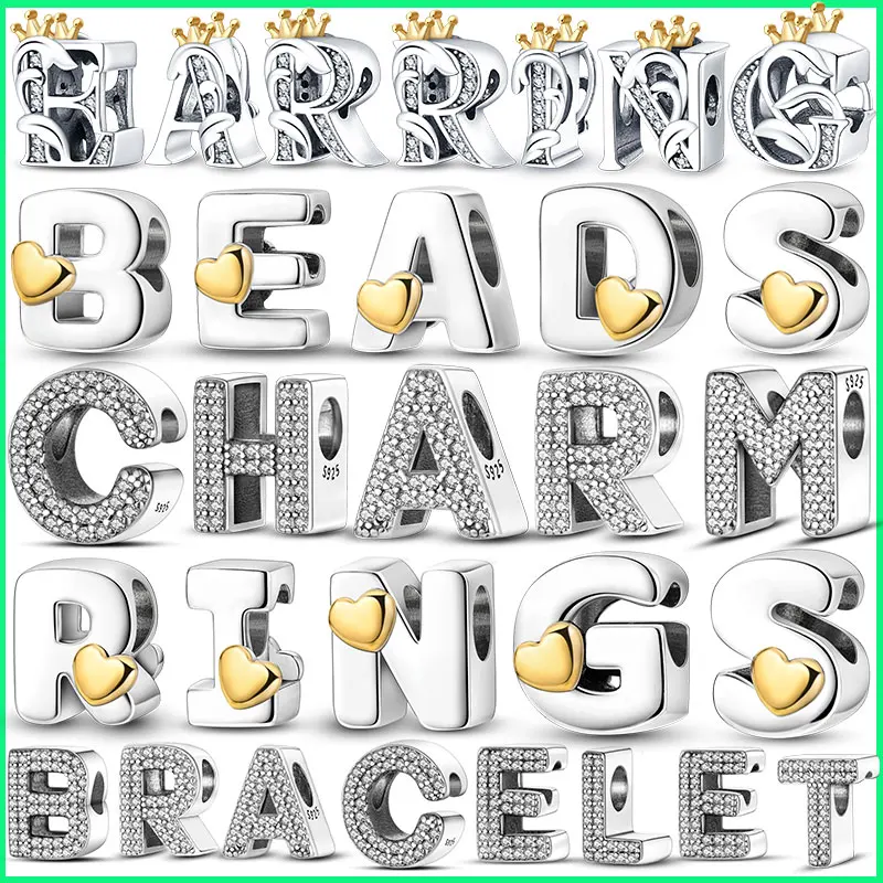 

Fit Original Bangle Bracelet DIY A-Z Alphabet Charms Bead 925 Sterling Silver CZ Zircon LOVE Letter Dangle Pendant Jewelry Gift