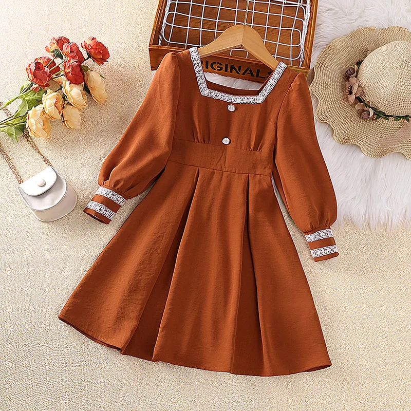 Dress Kids Girls 8-12 Years Brown Square Collar Long-Sleeved Dress For Girls Elegant Vacation Holiday Party Dress