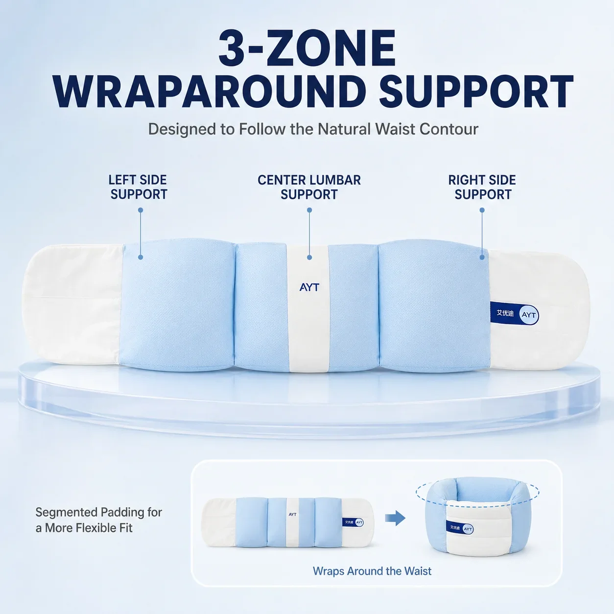 Sleeping Lumbar Support Pillow 3-Zone Wraparound Waist Cushion for Back Side Sleepers Breathable Mesh Removable Cover Adjustable