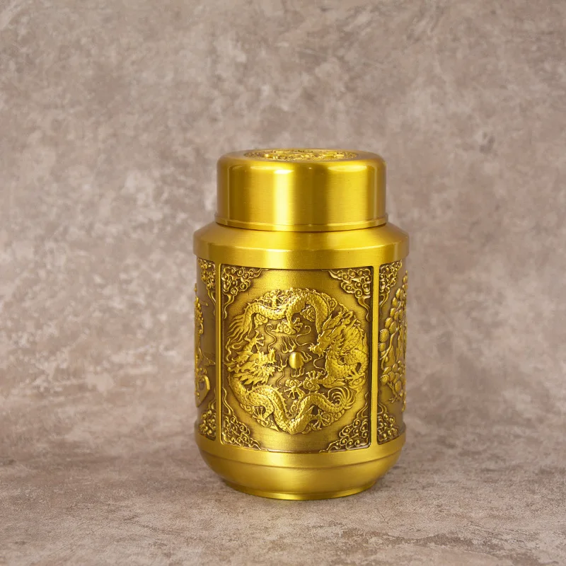 All-brass auspicious four treasures , storage container, dragon and phoenix tea canister, copper ornament
