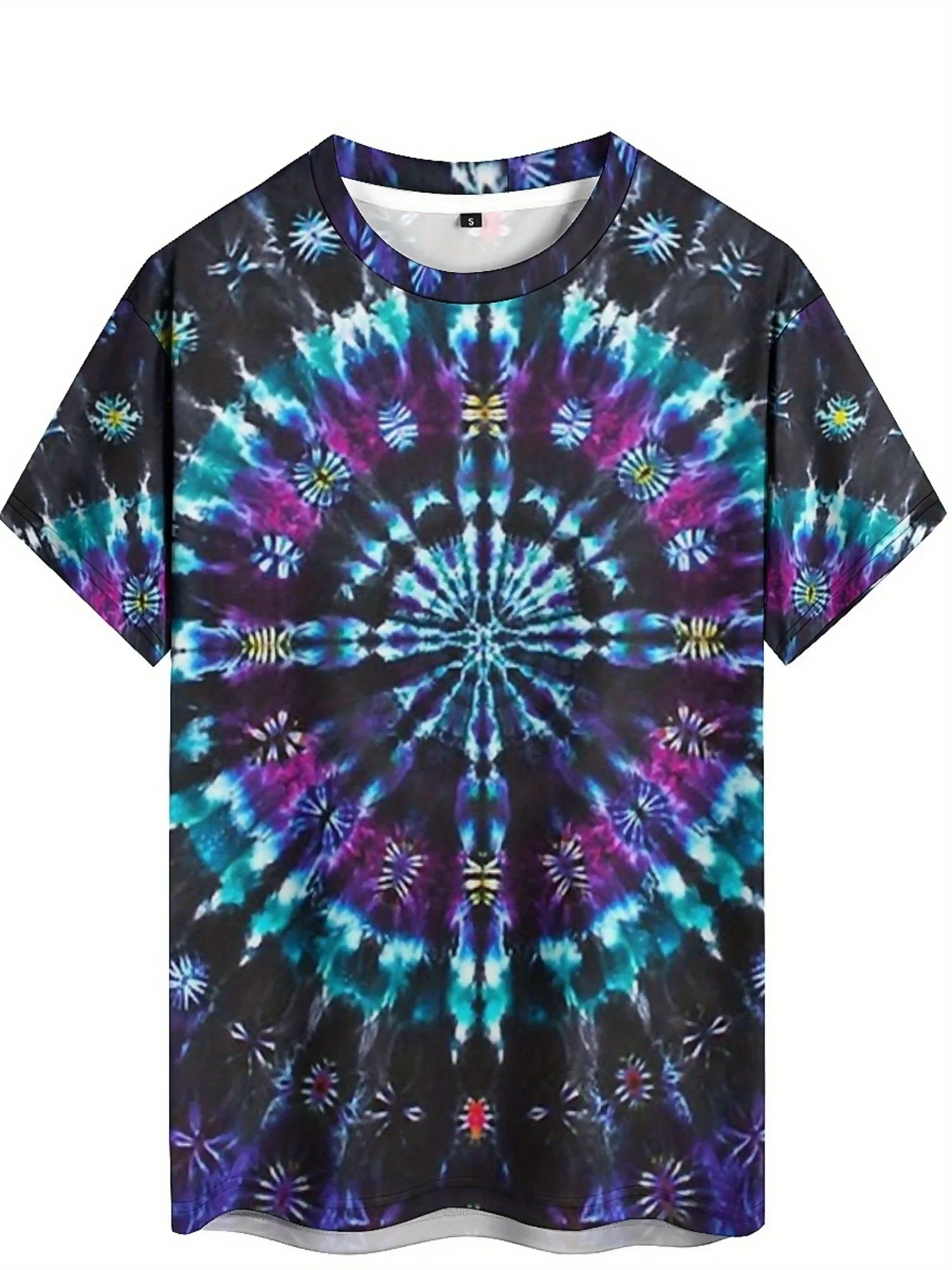 Men's 3D Printed Tie-Dye T-Shirt with Geometric Art Pattern - Vibrant Blue Purple Pink Yellow Green on Black
