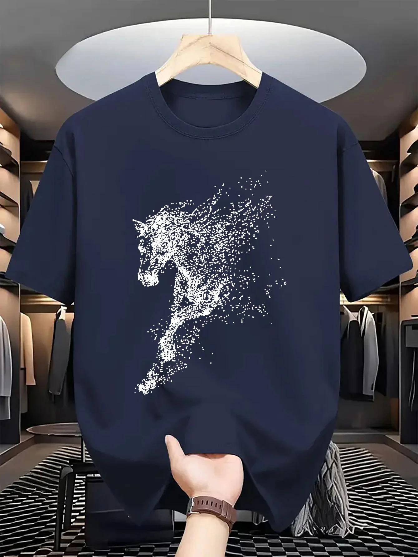 Abstract Particle Horse Silhouette Print on Premium Soft 100% Cotton Mens T shirt Perfect for Summer Streetwear and Casual Style