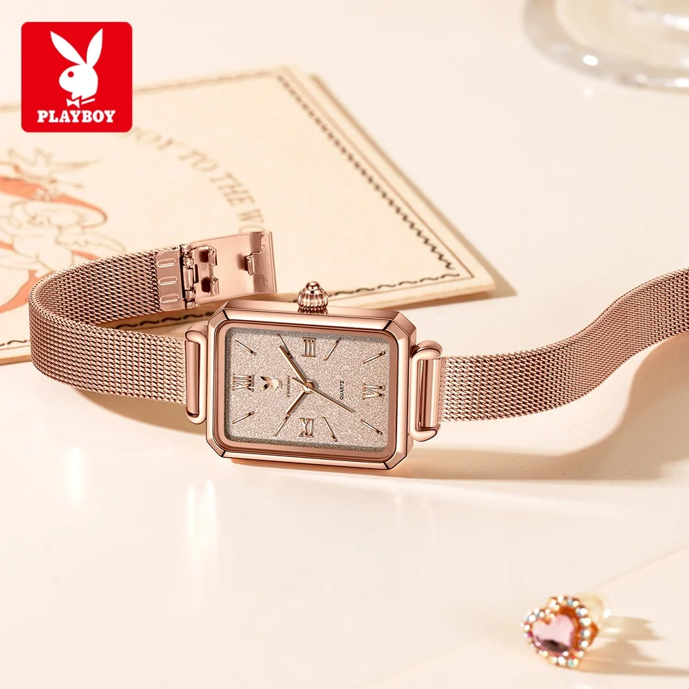 PLAYBOY 3100 Fashion Simple Women Watch Moon Phase Imported Quartz Movement Elegance Quicksliver Dial Waterproof Milanese Steel Belt Watch