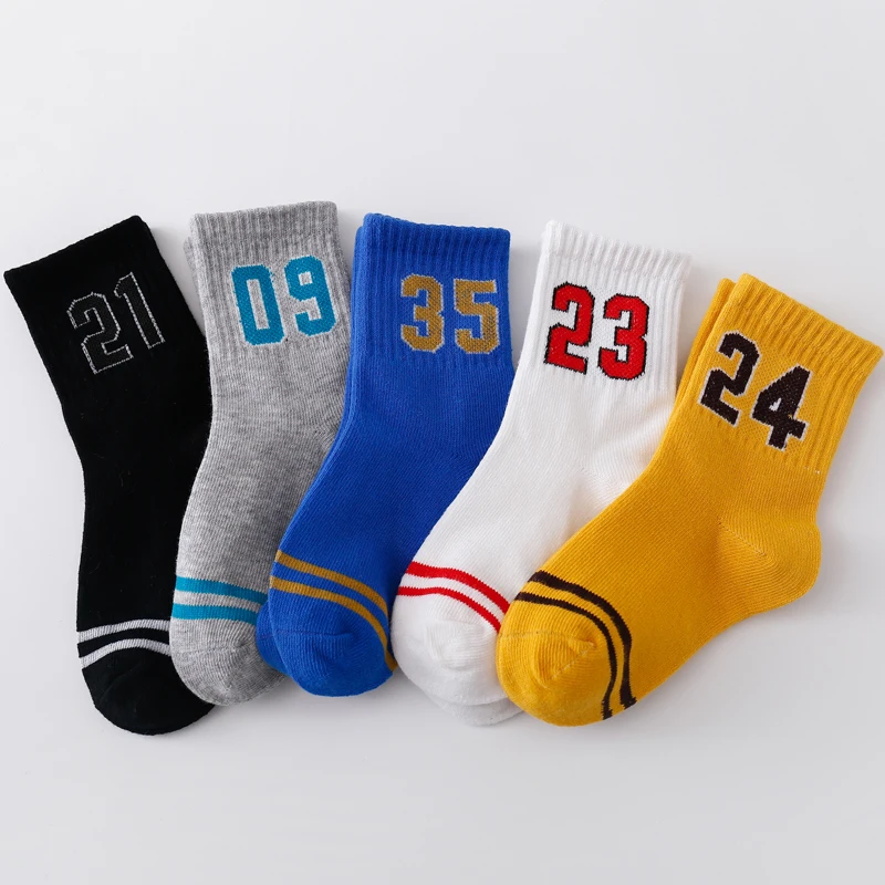 Children's Sports Socks Boys' Cotton Spring and Autumn Sweat Absorbing Socks Children's Digital Fashion Socks 5 Pairs/Lot