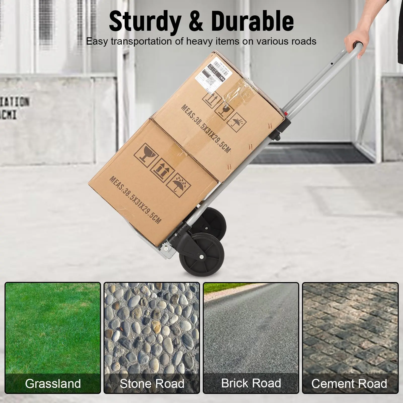 Carrello pieghevole per carrello a mano, carrello in acciaio portatile resistente con capacità di 180 libbre con maniglia telescopica, 2 corde elastiche