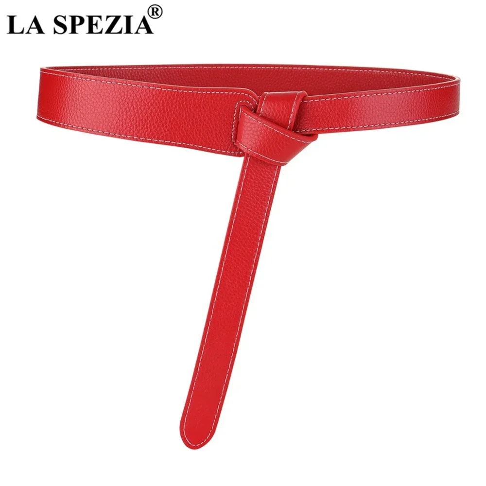 

LA SPEZIA Red Genuine Leather Belt Women High Quality Real Cow Leather Ladies Belt for Dress Strap Self Tie Waist Belt 120cm