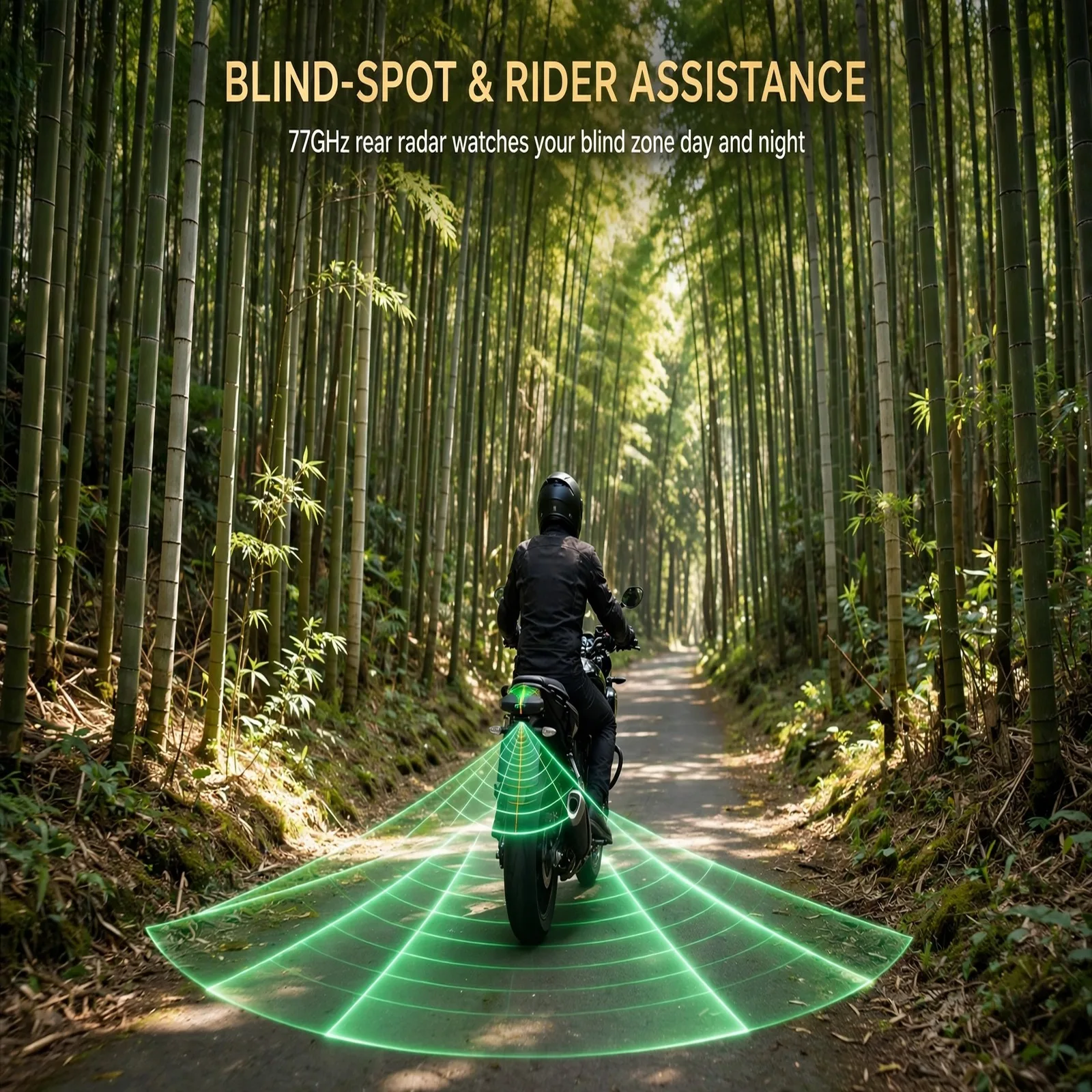 Bamboo Sea 77GHz Blind-Spot Radar Kit for Motorcycle – Dual LED Indicators, 8.4m BSD & 50m LCA Zones, 4Tx4Rx, 20Hz Refresh
