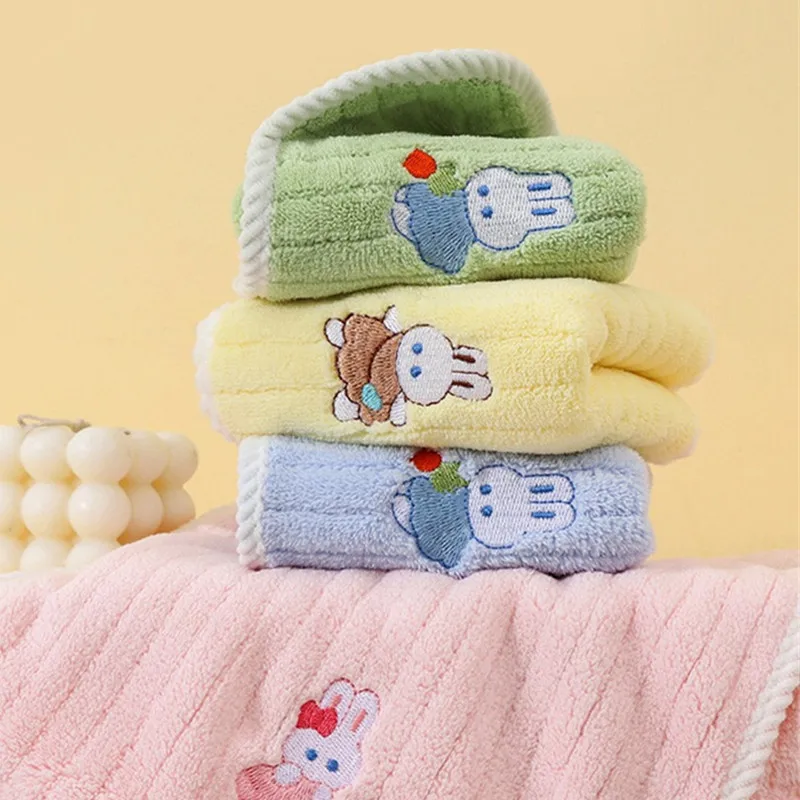 1Pc 25x50cm Cartoon Rabbit Embroidery Coral Fleece Soft Absorbent Baby Child Hand Towel With Loop