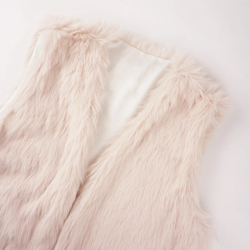 سترة نسائية من الفرو الصناعي الصناعي ملابس خارجية متينة ملابس خروج عصرية باللون البني بدون أكمام ورقبة على شكل حرف v صدرية منفوشة #6