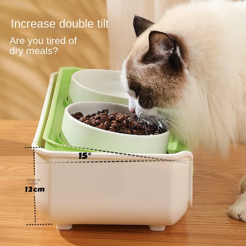 New Pet Cat Ceramic Neck Guard Adjustable Double Bowl Diet Bowl Pet Dog Bowl