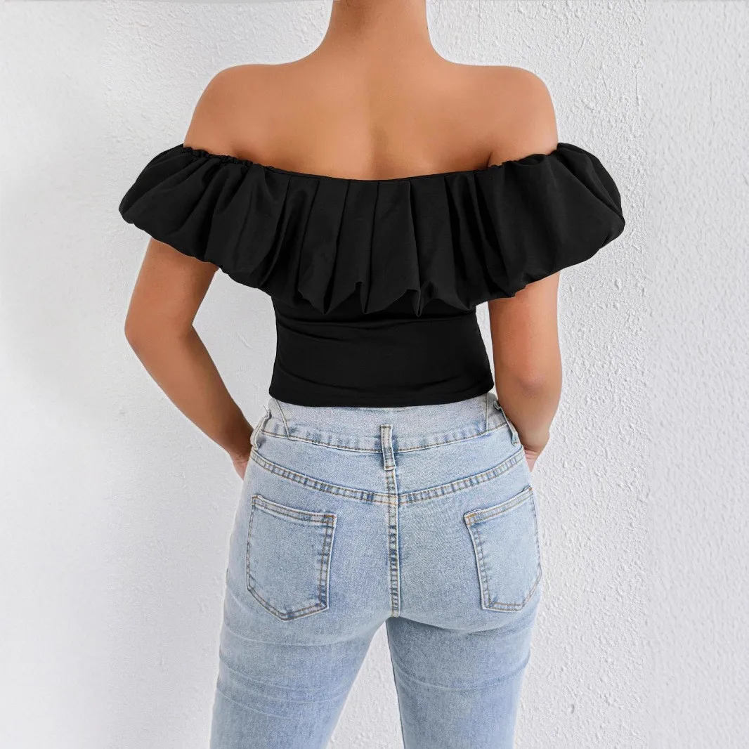 حار بيع جديد أكمام تكدرت المرأة الأعلى النمط الأوروبي والأمريكي مثير سطر واحد طوق خارج على الكتف تي شيرت #3