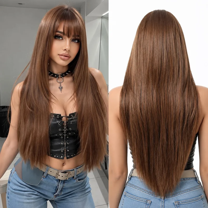 Heat Resistant Hair Costume Wig With Bangs Brown Long Straight Women Layered