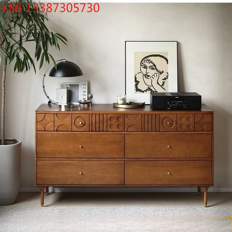 

Retro wind solid wood carving flower chest side cabinet medieval simple living room locker