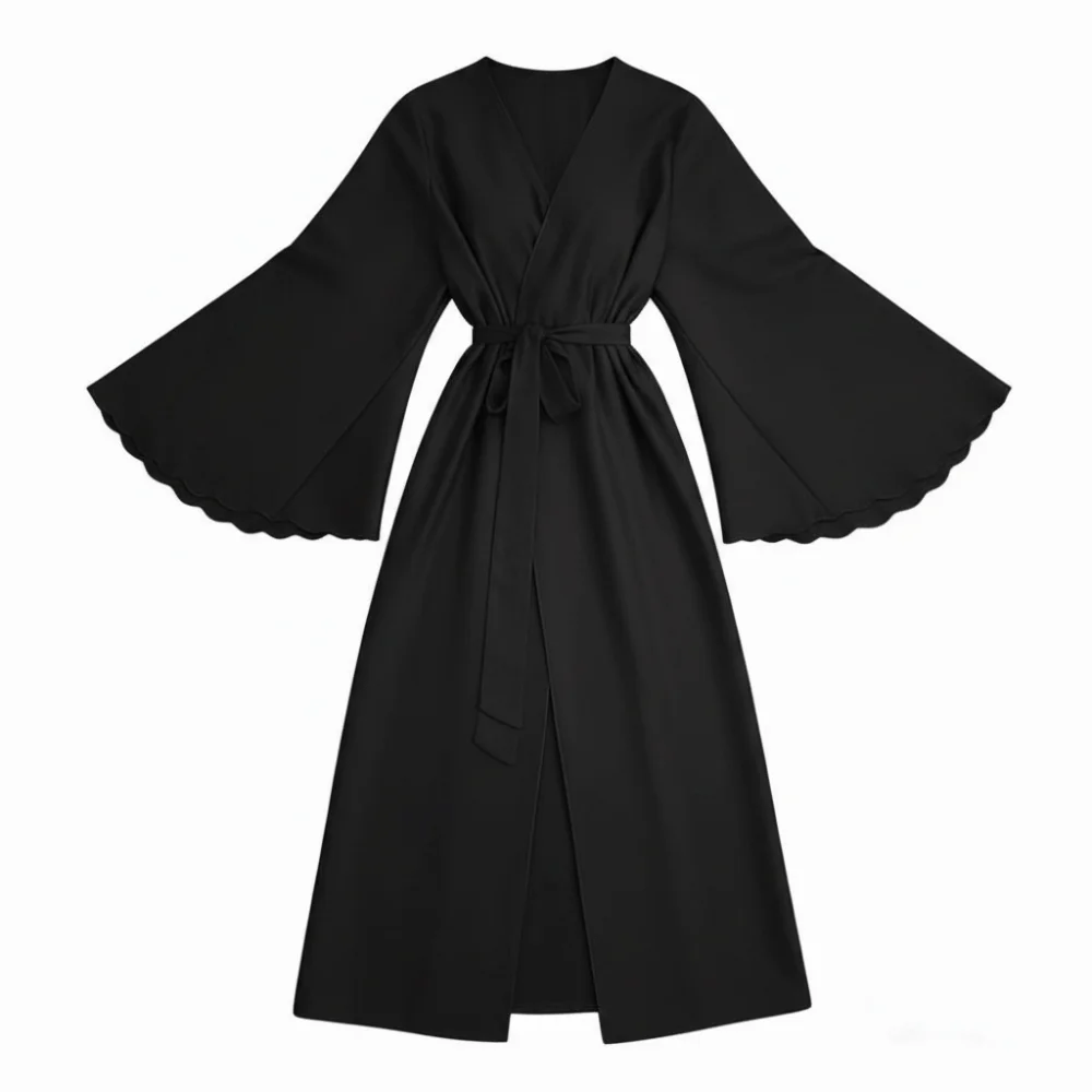 

Sexy Style Solid Color Satin Robe High Waisted Split Design Belted Robe Long Sleeves Thin Home Wear for Women