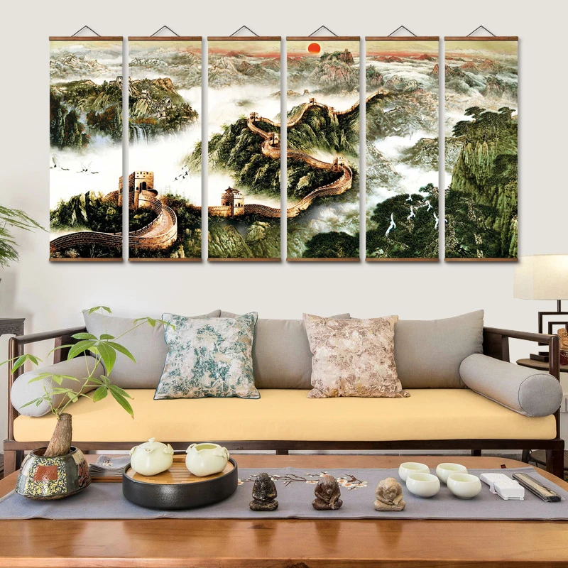 

AS2014 Chinese Golden Wall Landscape Decorative Wall Art Canvas Posters Solid Wood Scroll Paintings