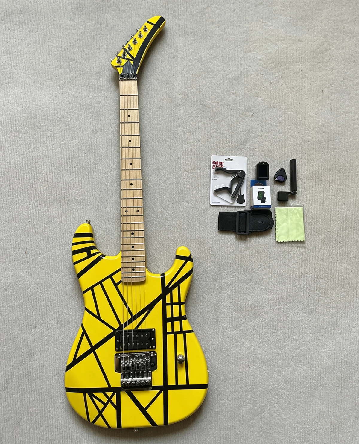 6 Strings Yellow Electric Guitar With Black Strips Maple Fretboard Guitar Accept Customization