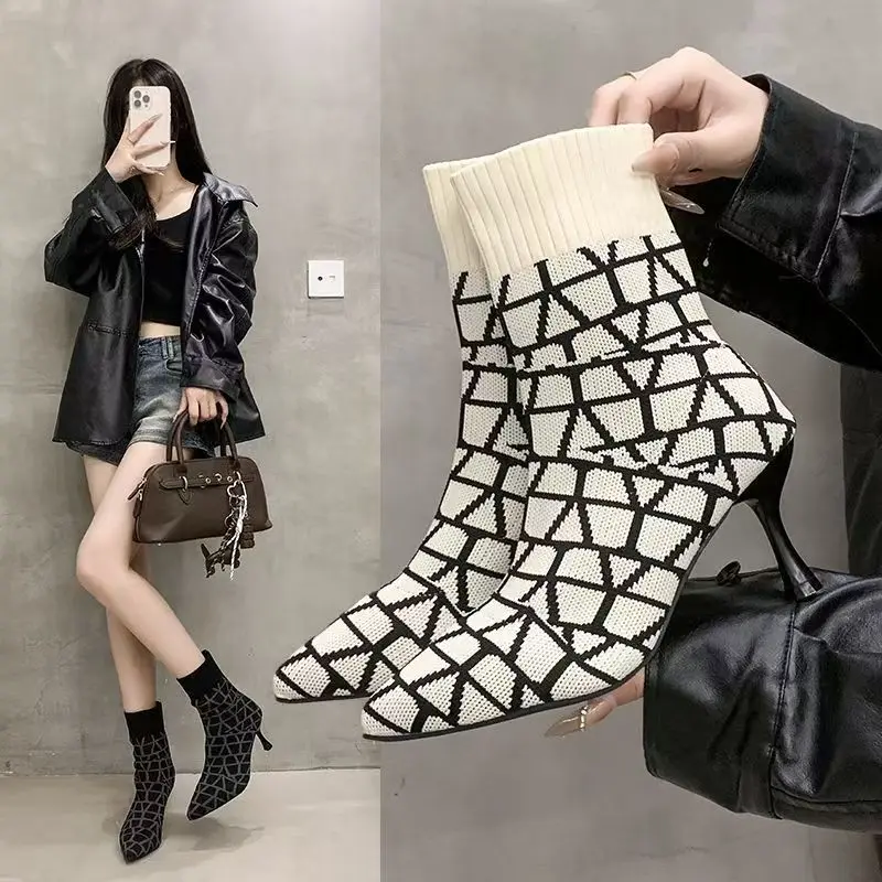 Spring Autumn Women's Shoes Stylish And Beautiful With Elastic Stockings Pointed Toe High Heel Mid-calf Length For Casual Wear