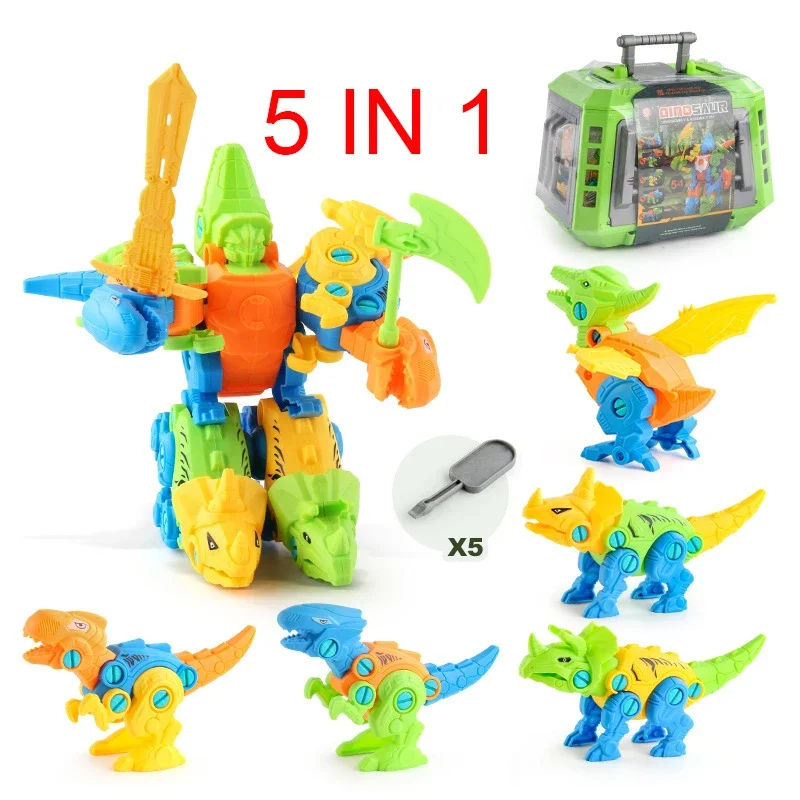 Diy Set Blocks Demontage Schroevendraaier Model Speelgoed 5 In 1 Kinderen Assemblage Dinosaurus Transformatie Robot Constructeur Schroef Speelgoed