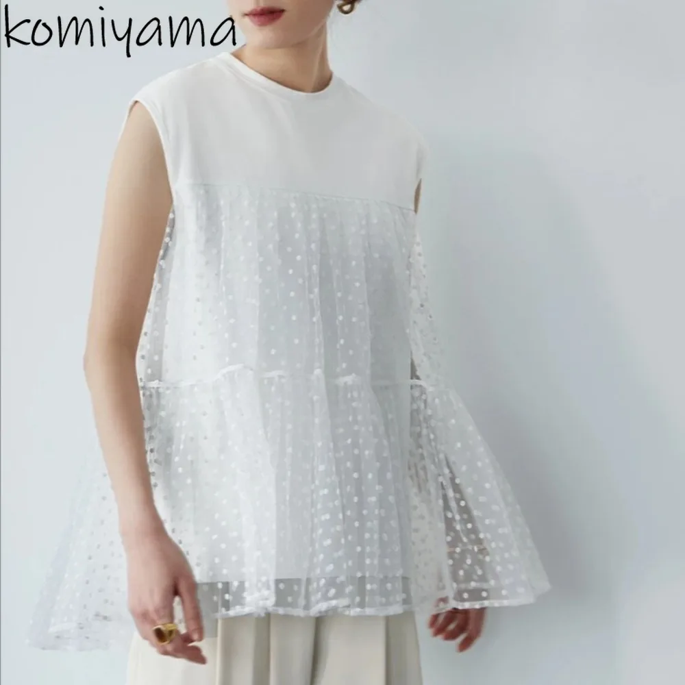 

Patchwork Dot Mesh Ropa De Mujer Japan Style Sleeveless Woman 2025 Clothing Loose Clothes Sweet Fashion T Shirt Lace Roupas