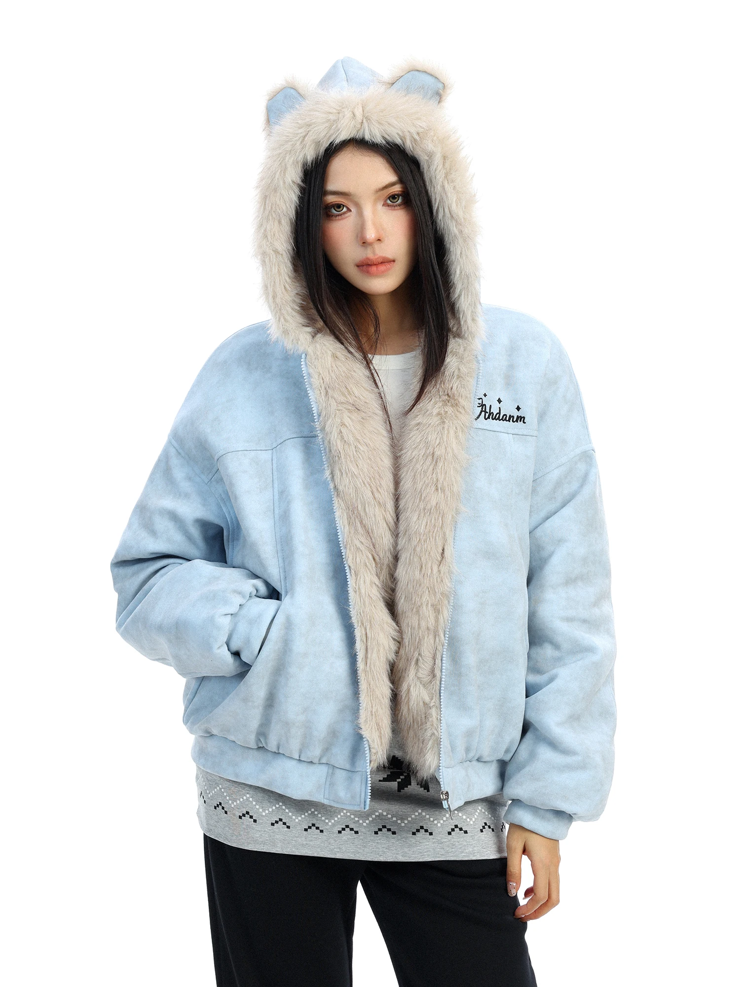 

Thiened Dyeing Bear Ear Collar Hooded Cotton Jaet Women's Winter Warm Coat Street Sle Loose Fit Zipper Closure Pure Color