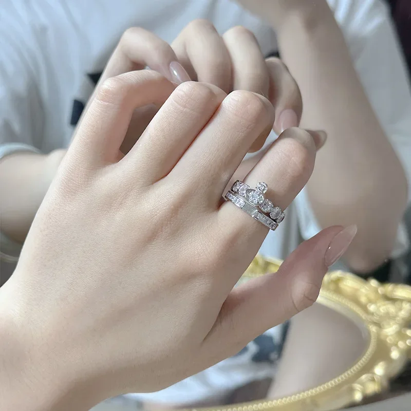 MDL Europa a.d los Estados Unidos vivien anillo doble lleno de diamantes chapado en oro geométrico doble microimposición