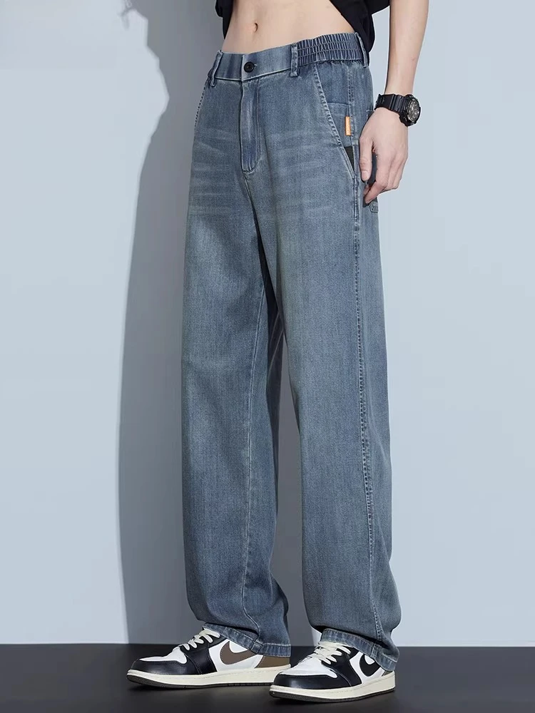 

Luxury Quality Summer Thin Men's Jeans Lyocell Fabric Loose Straight Casual Pants Elastic Waist Vintage Blue Trousers Male 28-38
