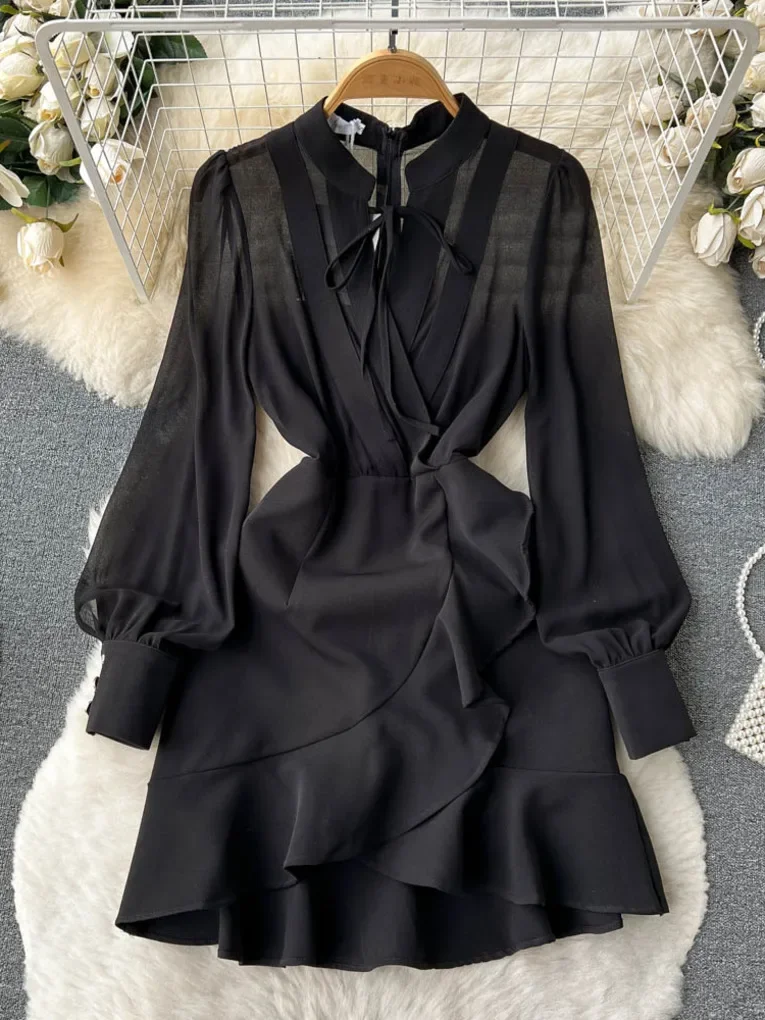 Foamlina New Spring Fashion Women Vintage Style Black See Through Long Sleeve O-neck High Waist Slim A-line Ruffles Short Dress