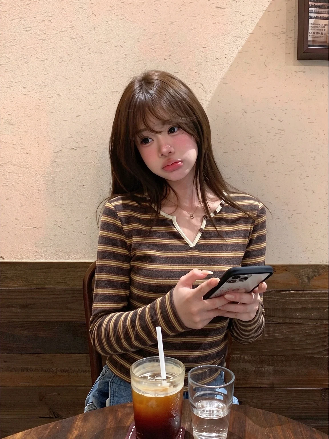 Slimming Yellow Striped V-Neck Long Sleeve T-Shirt Women's Autumn Fitting Base Shirt Inner Wear Top Casual Style Universal Fit