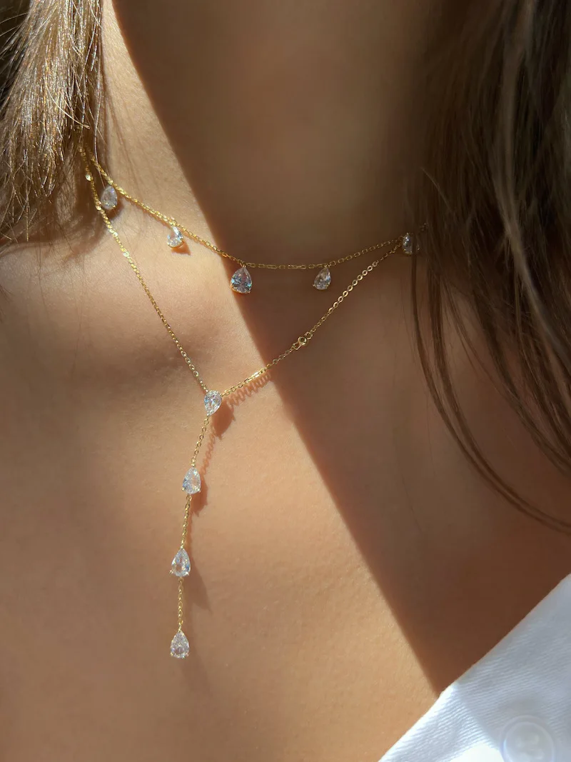 2024 Shiny Zirkon Droplet Overlay Set mit Doppelschicht Gold Farbe Kette Halskette Party frauen Exquisite Schmuck Halskette Acc – Detail 14