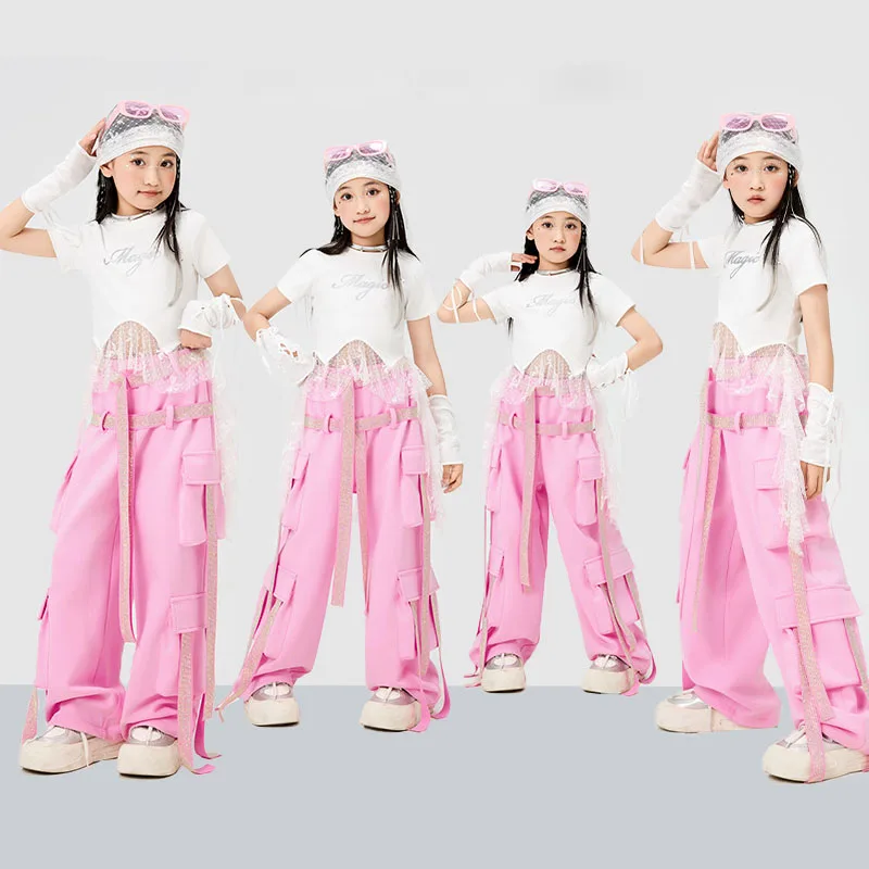 

Kid Kpop Hip Hop Clothing White Lace Hem T Shirt Pink Beads Strap Multi Pockets Strap Cargo Pants for Girl Dance Costume Clothes