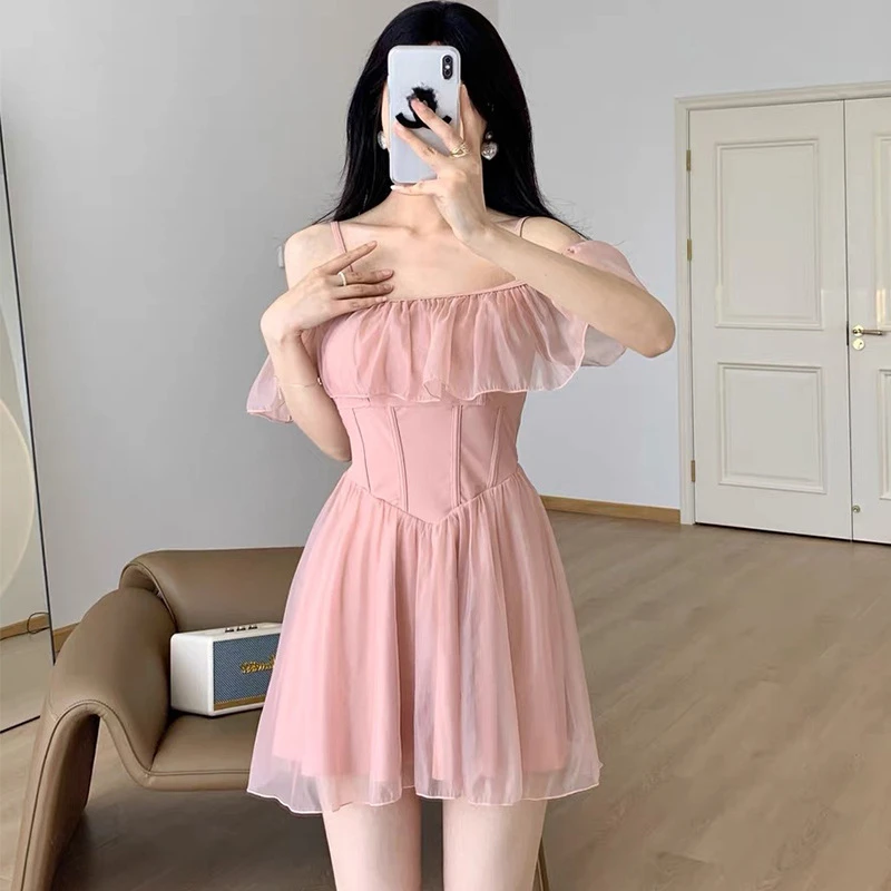 Korean One-piece Swimsuit Women Summer High Waist Sexy One-shoulder Fairy Style Girl Ruffled Dress Swimwear Pink Black Beachwear