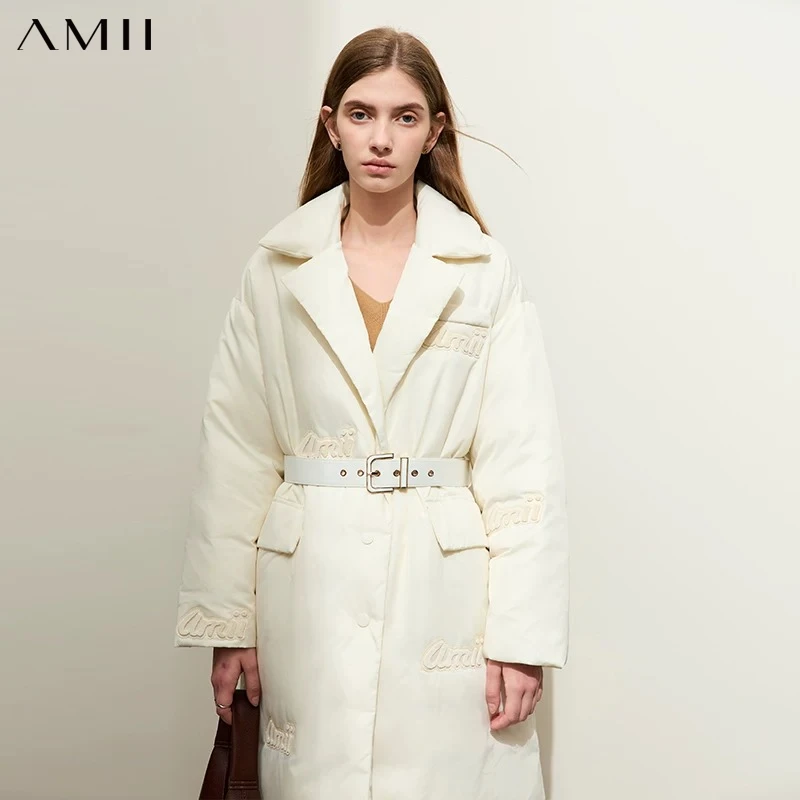 AMII Minimalist 2026 Women's Down Coats Winter New Commuter With Belt Suit Collar Long Jacket Letter Embroidery Badge 12344055
