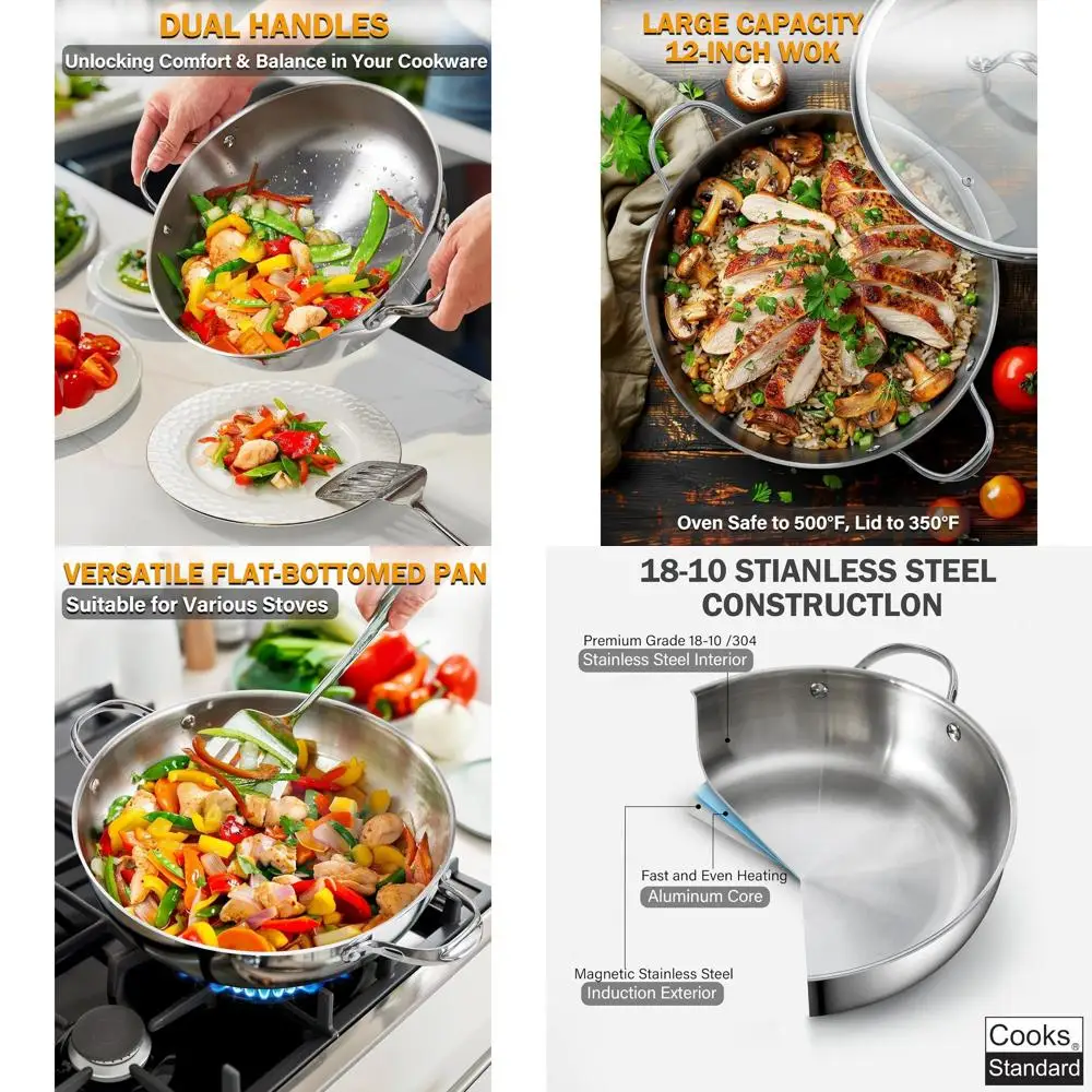 

12-Inch Silver Stainless Steel Wok with Glass Lid, Everyday Chef's Stir Fry Pan