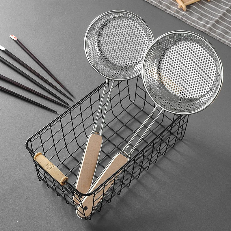 Stainless Steel Colander with Wooden Handle - Fine Mesh Skimmer Spoon for Cooking, Food Prep Grease Filtering for Pasta Noodles