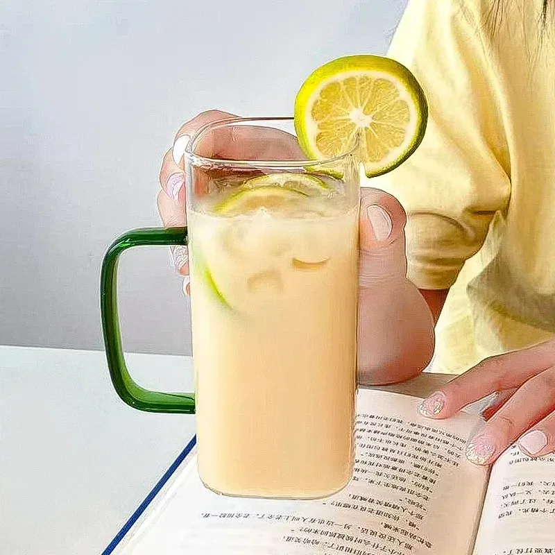 400ML Square Glass Mug With Lid and Straw Breakfast Milk Cup Microwave Safe Transparent Party Beer Coffee Mug Drinkware Glass