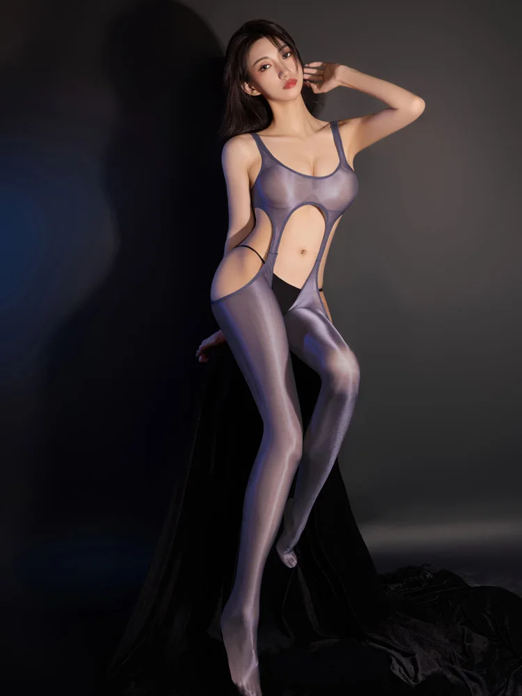 

Sexy Sleeveless Oil Shiny Bodysuit Sheer See Through Hollow Out Shaping Tights Bandage Tank Top Jumpsuit Body Stockings Leoatrd