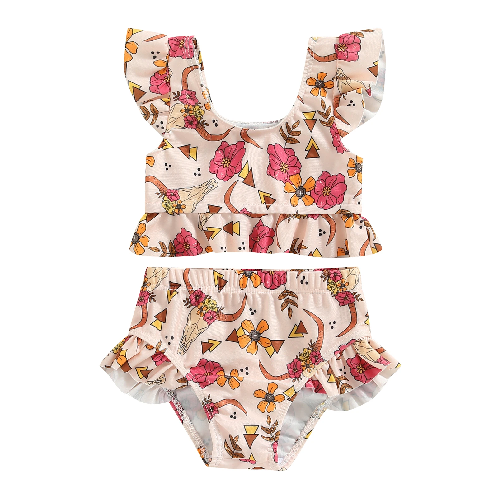 

2024New Baby Girls Bikini Set Flower/Bull Head Print Fly Sleeve Vest with Elastic Waist Briefs Bathing Swimsuit for Summer Beach